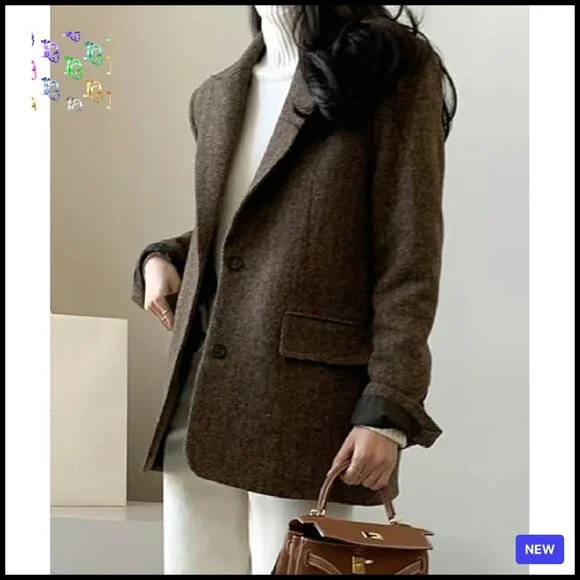 Herringbone Wool Blend Blazer Classic Elegant Work Business Chic Fall Winter - Picture 5 of 8